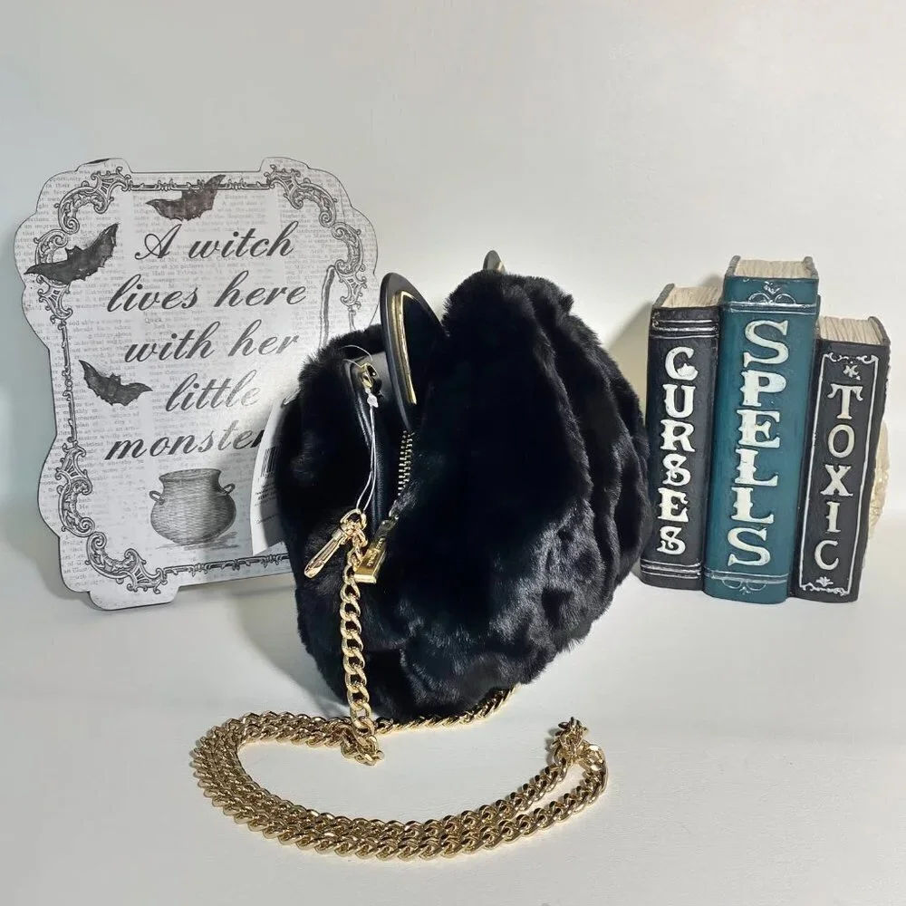 Kate Spade Pitch Purrfect Faux Fur Black Cat Bag NWT